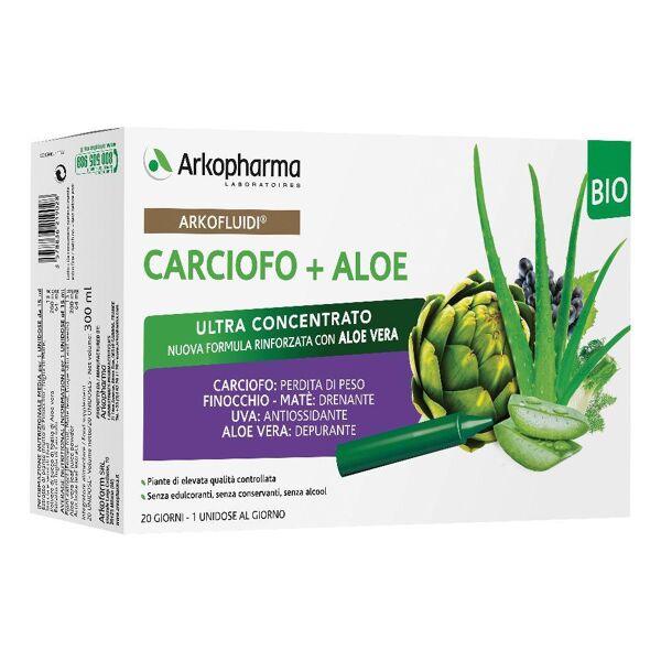 arkofarm srl arkofluidi carciofo + aloe vera 20 flaconcini da 200g - integratore alimentare per depurazione e benessere
