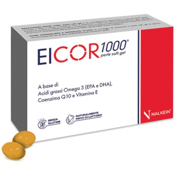 nalkein eicor 1000 - integratore omega 3 con coenzima q10 e vitamina e, 30 perle soft gel