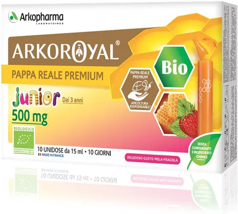 arkofarm srl arkopharma arkoroyal pappa reale bio junior 500mg 10 flaconi - integratore alimentare gusto mela fragola