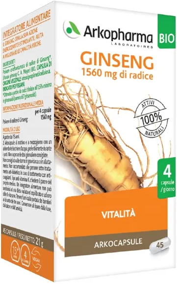 arkofarm srl arkopharma ginseng bio 45 capsule - integratore alimentare a base di ginseng per il benessere