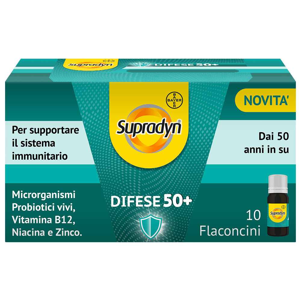 bayer spa supradyn difese 50+  integratore alimentare multivitaminico con vitamina c vitamina d e zinco per supportare il sistema immunitario - 10 flaconcini da 10 ml gusto caramello