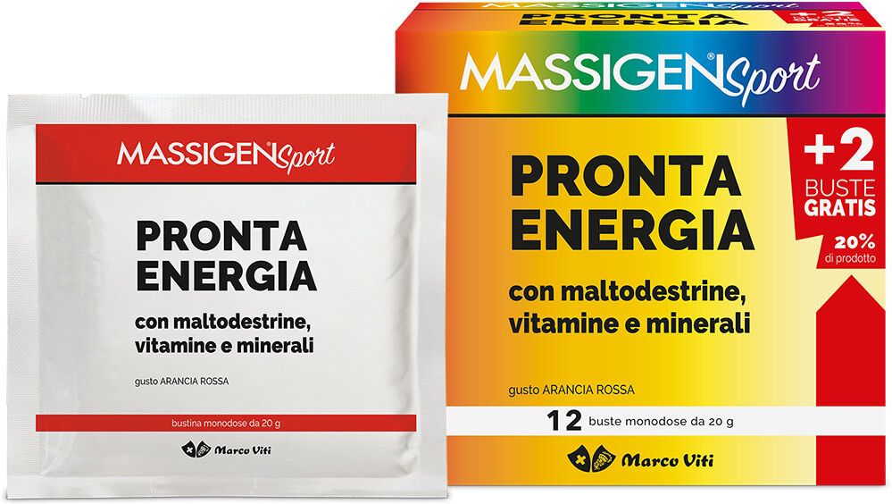 marco viti farmaceutici spa massigen sport pronta energia - arancia rossa 12 buste da 20g, integratore per l'attività sportiva