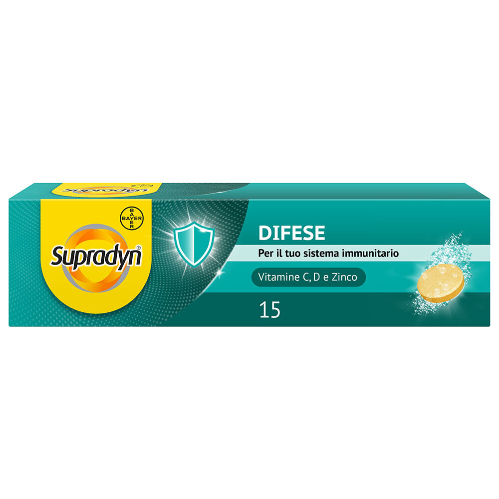 bayer spa supradyn difese integratore multivitaminico con vitamina d, vitamina c e zinco per il sistema immunitario - 15 compresse effervescenti