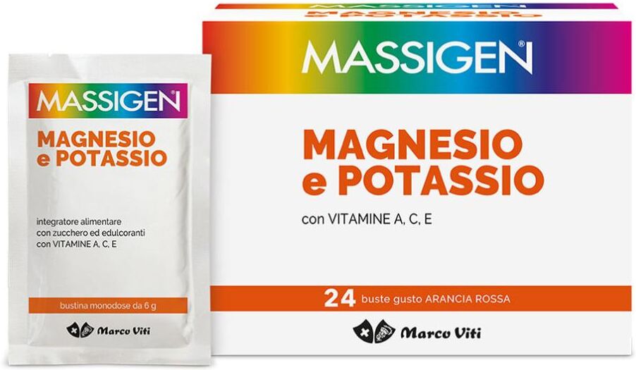 marco viti farmaceutici spa massigen magnesio e potassio 24 bustine gusto arancia rossa - integratore per la salute cardiovascolare