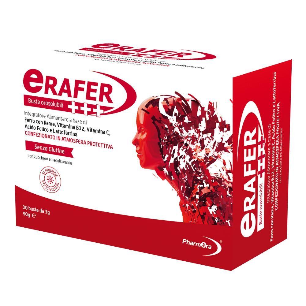 pharmera erafer +++ - 30 buste da 3g orosolubili per supporto ematologico - ferro, rame, vitamina b12, vitamina c, acido folico e lattoferrina