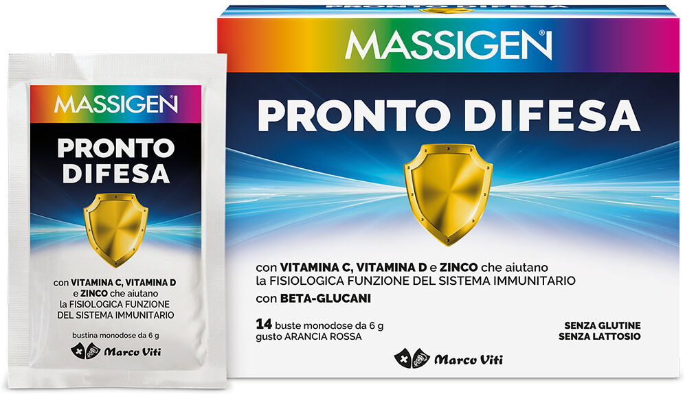 Marco Viti Farmaceutici Spa Massigen Pronto Difesa 14 Bustine Gusto Arancia Rossa - Integratore per il Sistema Immunitario