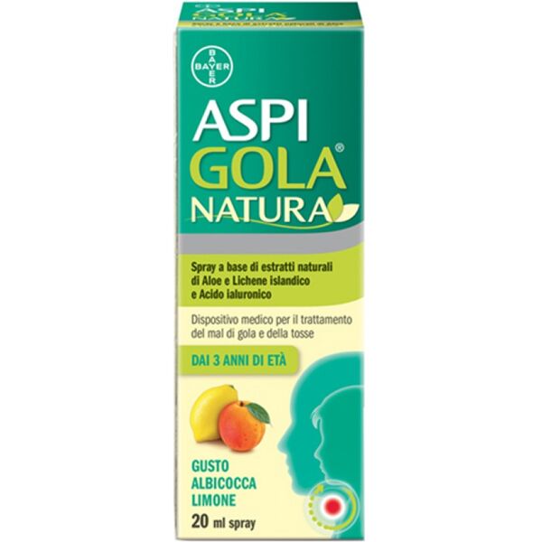 bayer spa aspi gola natura spray con estratti di aloe e acido ialuronico - gusto albicocca e limone, flacone da 20ml