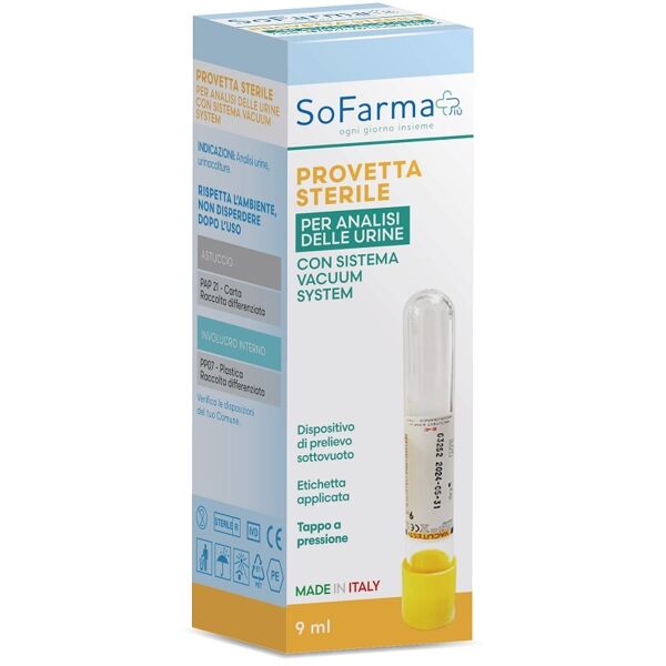 sofarmapiu' provetta sterile, analisi delle urine, vacutest 9ml, confezione singola