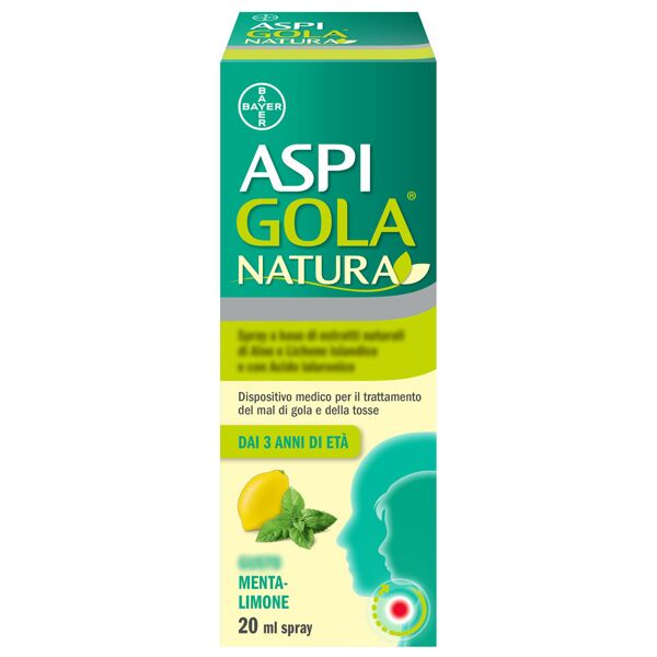 bayer spa aspi gola natura spray con estratti di aloe e acido ialuronico - gusto menta e limone, flacone da 20ml