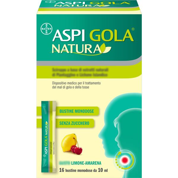 bayer spa aspi gola natura sciroppo con estratti di piantaggine e lichene islandico - gusto limone e amarena, 16 bustine monodose da 10ml