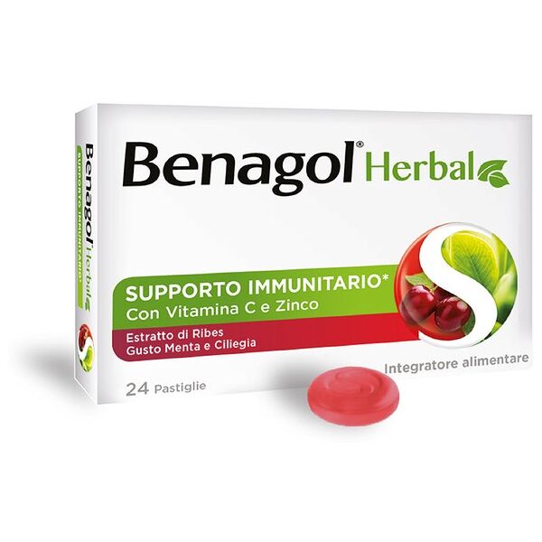 reckitt benckiser h.(it.) spa benagol herbal - 24 pastiglie gusto menta e ciliegia, integratore naturale per la gola