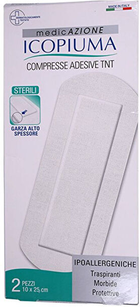 desa pharma srl icopiuma compresse adesive sterili in tnt 10x25cm 2 pezzi - medicazione sterile per lesioni e ferite superficiali