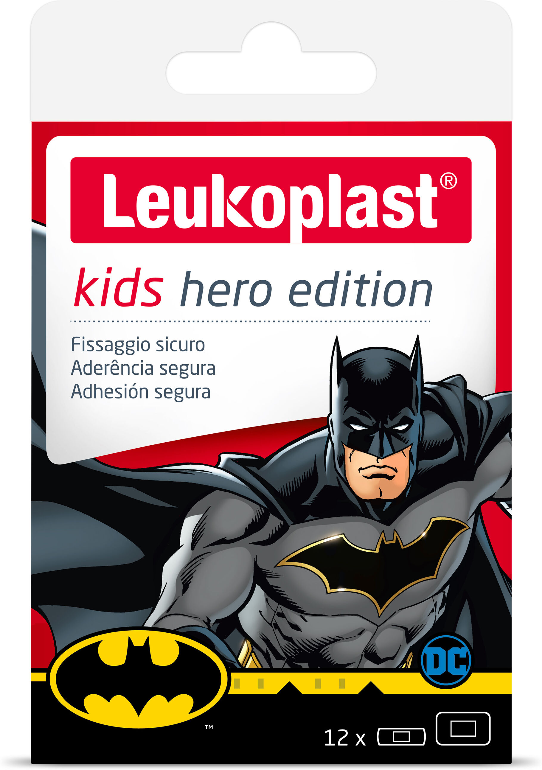 essity italy spa leukoplast kids hero edition batman cerotti - 12 pezzi, cerotti per bambini con disegni del batman, prodotto pediatrico