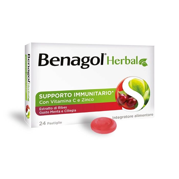 reckitt benckiser h.(it.) spa benagol herbal - 24 pastiglie gusto menta e ciliegia, integratore naturale per la gola