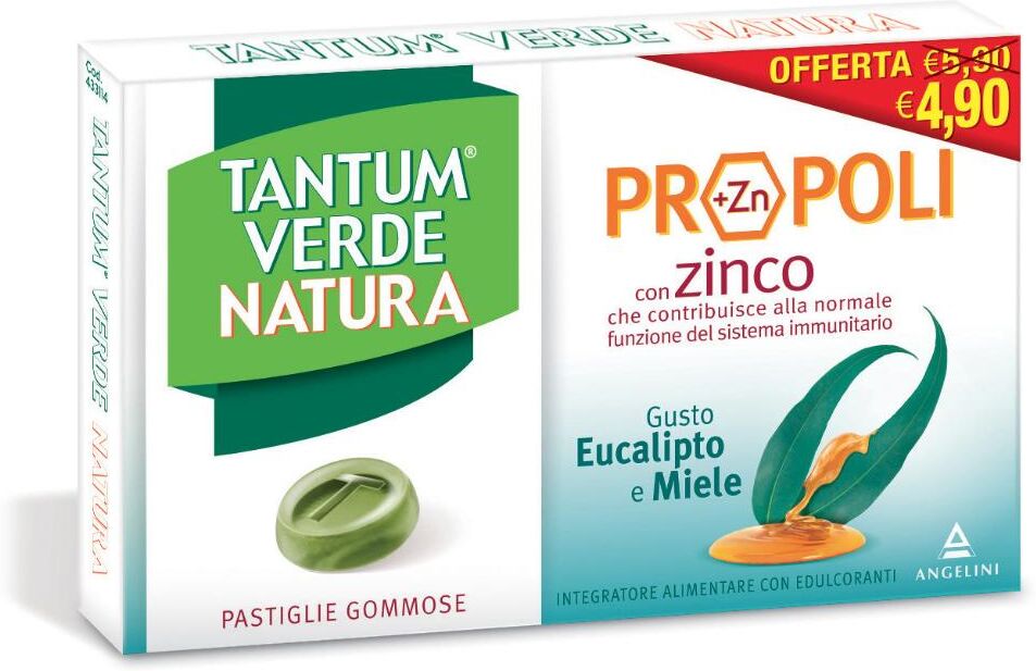 angelini (a.c.r.a.f.) spa angelini tantum verde natura propoli con zinco - 15 pastiglie gommose gusto eucalipto e miele