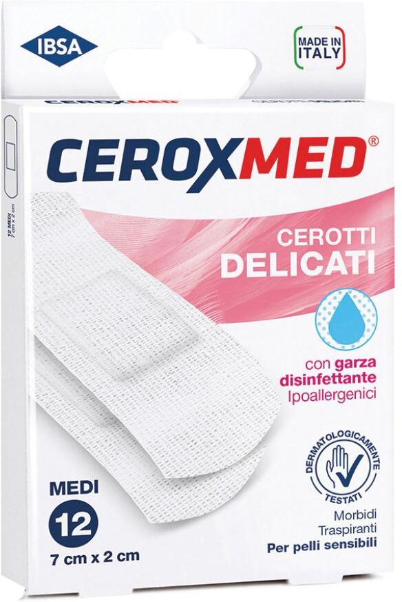 nova argentia srl ind. farm ceroxmed cerotti delicati con garza disinfettante, 12 cerotti 7cm x 2cm