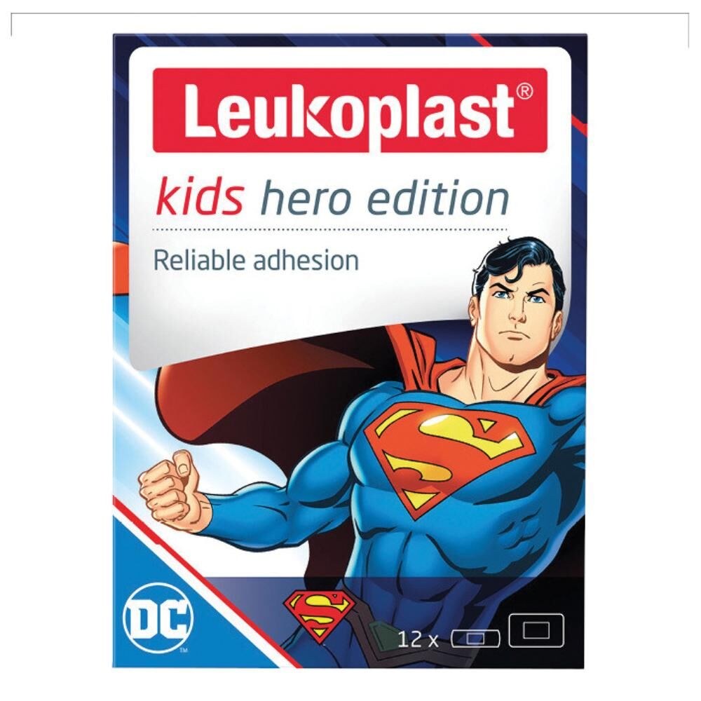 essity italy spa leukoplast kids hero edition superman - cerotti assortiti 12 pezzi - protezione e divertimento per i piccoli eroi