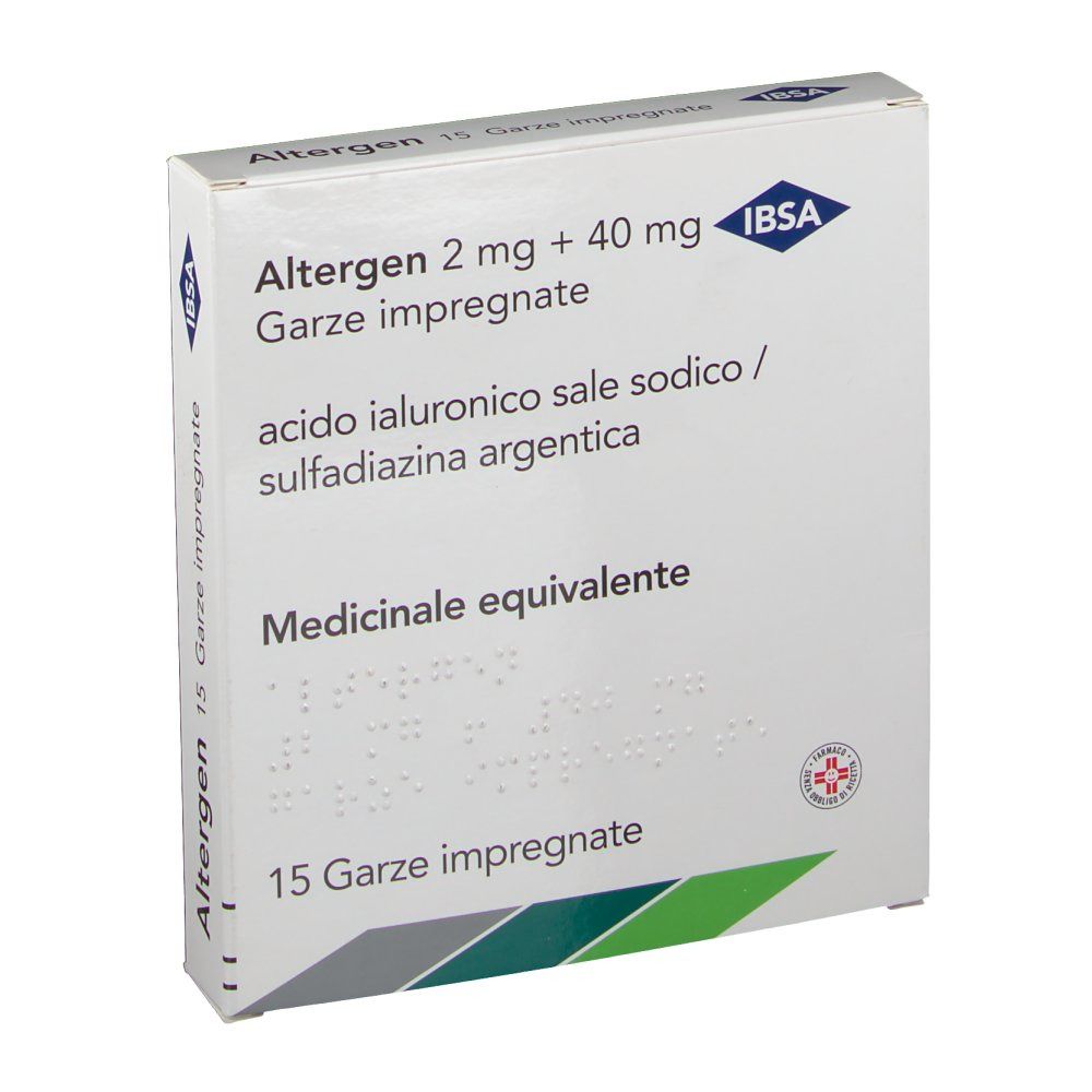 Ibsa Farmaceutici Italia Srl Altergen Garze Impregnate - Trattamento Locale per Piaghe e Ustioni - Acido Ialuronico e Sulfadiazina Argentica - Confezione da 15