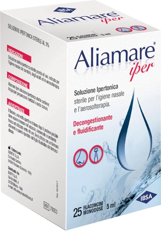 Ibsa Farmaceutici Italia Srl Aliamare Iper 25 Flaconcini da 5ml - Soluzione Iperonica Sterile per Igiene Nasale e Aerosolterapia