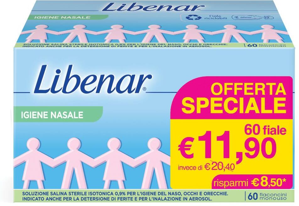 Perrigo Libenar Igiene Nasale 60 Flaconcini Monodose da 5 ml - Soluzione Salina Sterile Isotonica