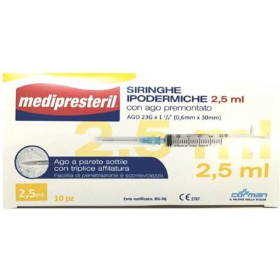 Corman Spa 23G 1 1/4 0,6x30mm 2,5ml Siringa - Grado Medico Corman Spa 23G 1 1/4 0,6x30mm 2,5ml Siringa - Grado Medico