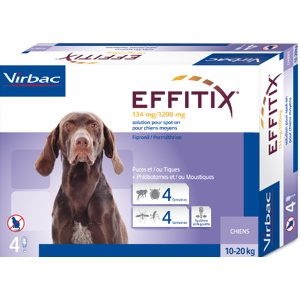 Virbac S.A. (Fr) Effitix Spot-On Soluzione per Cani 4 Pipette da 2,20ml 10-20kg - Protezione Antiparassitaria per Cani con 134+1200mg di Efficacia