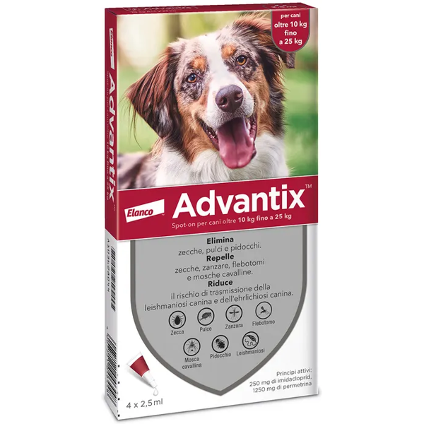 elanco italia spa advantix spot on soluzione antiparassitaria per cani da 10 a 25 kg - marca xyz - 4 pipette da 2,5 ml