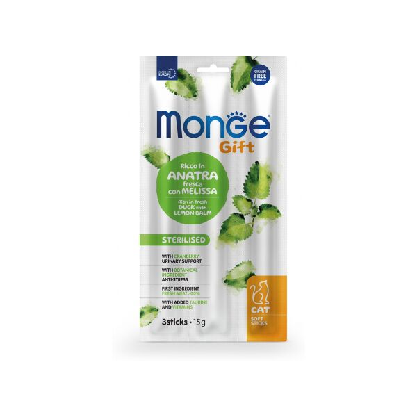 MONGE & C. S.P.A Monge Gift Sterilised Gatto Ricco in Anatra Fresca con Melissa e Mirtilli Rossi Soft, 3 Sticks
