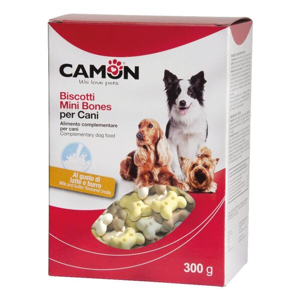 camon spa biscotti mini bones alimento complementare per cani - 300g - gusto latte e burro - snack saporito per cani di taglia piccola