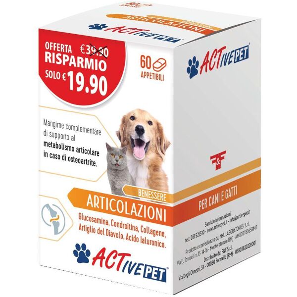 f&f srl active pet articolazioni - marca xyz - integratore per il benessere articolare del tuo animale - 60 compresse