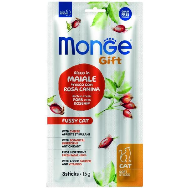 MONGE & C. S.P.A Monge Gift Gatto Appetito Difficile Ricco in Maiale Fresco con Rosa Canina e Formaggio Soft Sticks, 15 g