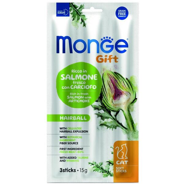MONGE & C. S.P.A Monge Gift Hairball Gatto Ricco in Salmone Fresco con Carciofo Soft Sticks, 15 g