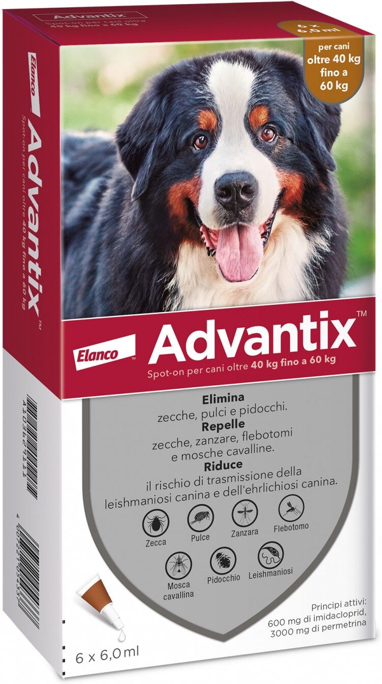 elanco italia spa advantix spot on per cani da 40-60 kg - marca xyz - 6 pipette - protezione antiparassitaria efficace