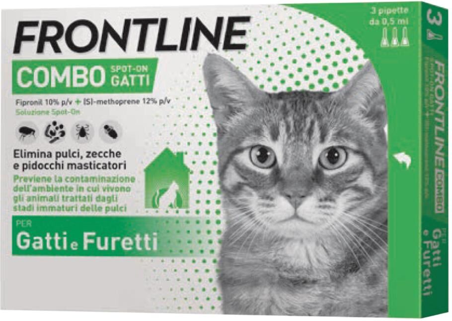 boehringer vet frontline frontline combo spot-on per gatti e furetti - 3 pipette da 0,5ml, protezione efficace contro zecche e pulci