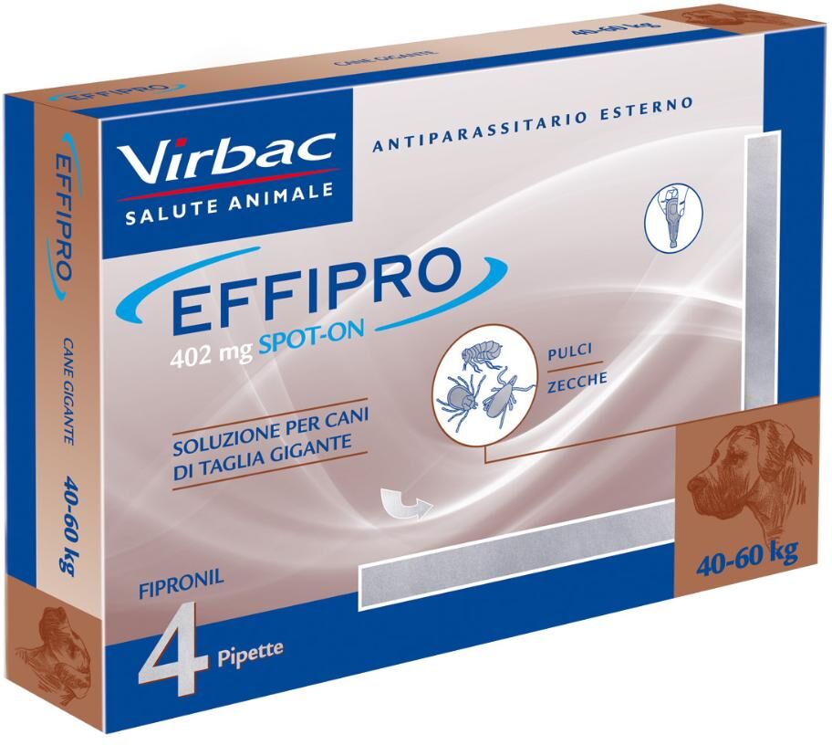 virbac srl effipro spot-on antiparassitario per cani 4 pipette da 4,02ml - protezione duratura per cani 40-60kg da pulci e zecche