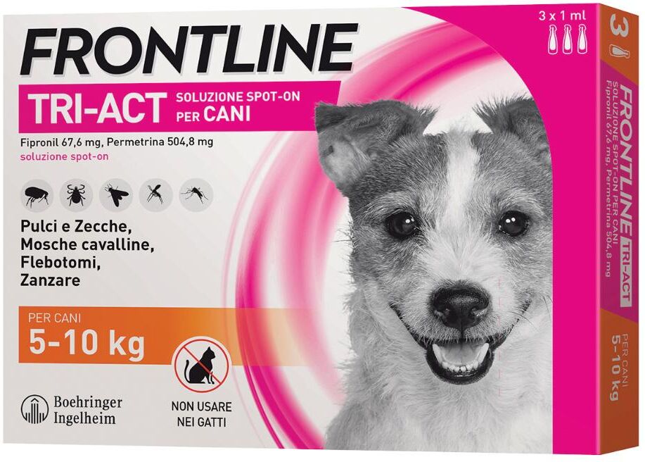 boehringer vet frontline frontline tri-act antiparassitario per cani - 3 pipette da 1ml, 5-10kg, protezione completa contro zecche, pulci e zanzare