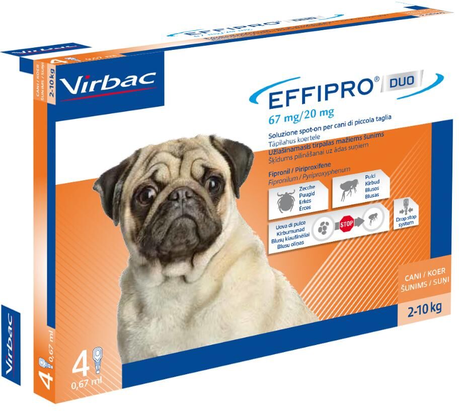 virbac srl effipro duo antiparassitario per cani 4 pipette da 0,67ml - protezione per cani da 2 a 10kg