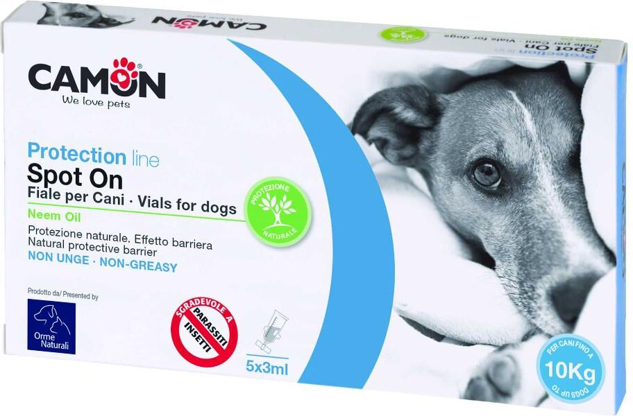 camon spa spot-on antiparassitario olio di neem per cani fino a 10kg 5 fiale da 3ml - protezione naturale contro zecche e pulci