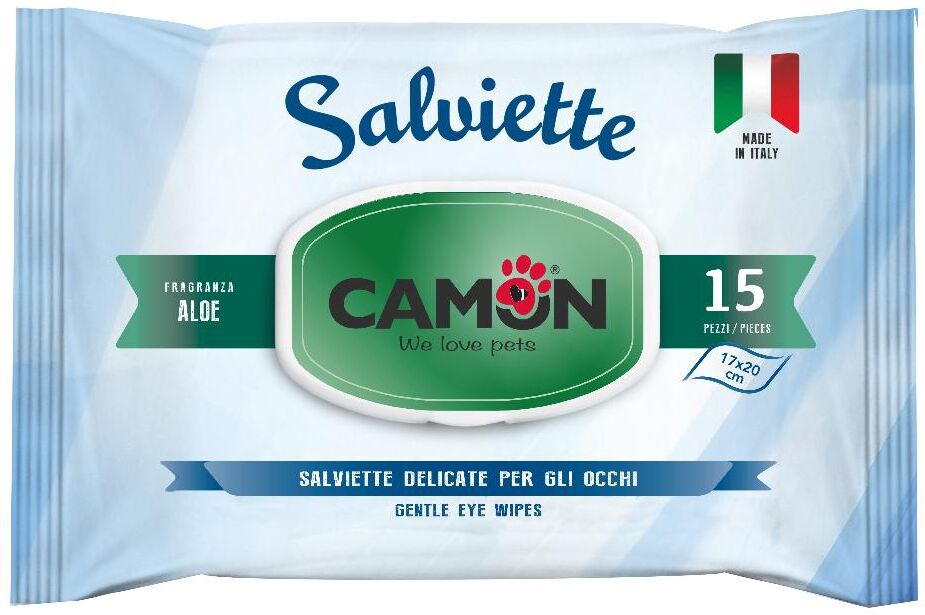 camon spa salviette detergenti occhi per cani e gatti - 15 pezzi - igiene oculare facile e sicura