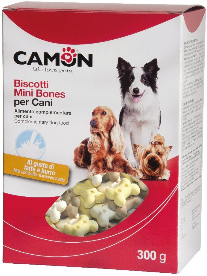 camon spa biscotti mini bones alimento complementare per cani - 300g - gusto latte e burro - snack saporito per cani di taglia piccola