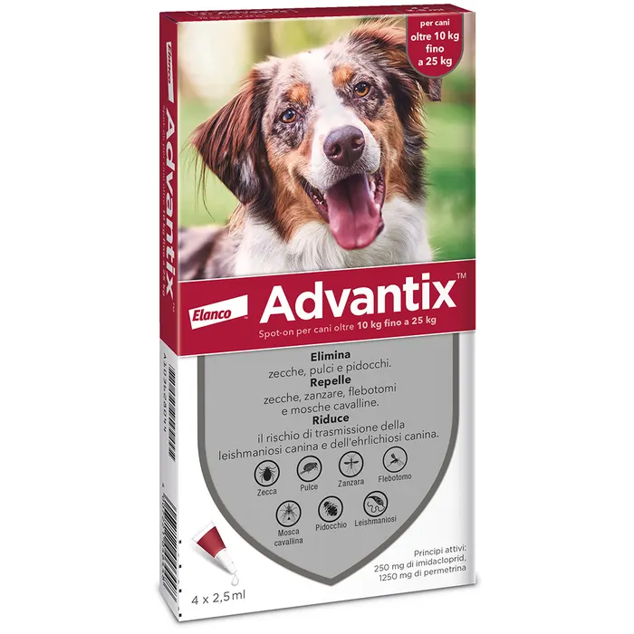 Elanco Italia Spa Advantix Spot On Soluzione Antiparassitaria per Cani da 10 a 25 Kg - Marca XYZ - 4 Pipette da 2,5 ml