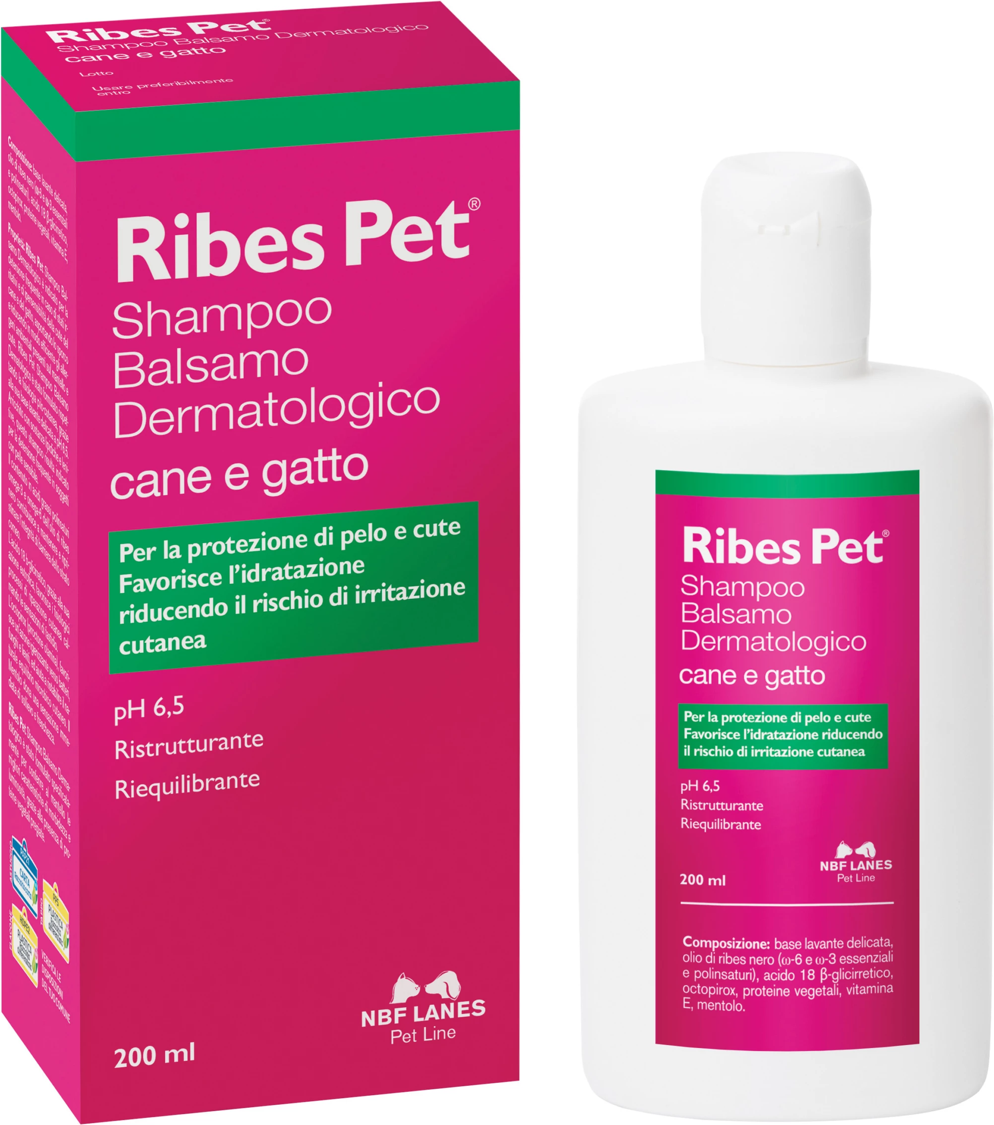 N.B.F. Lanes Srl Ribes Pet Shampoo e Balsamo 200ml: Protezione Integrale per Pelo e Cute, Idratazione e Riduzione del Rischio di Irritazione