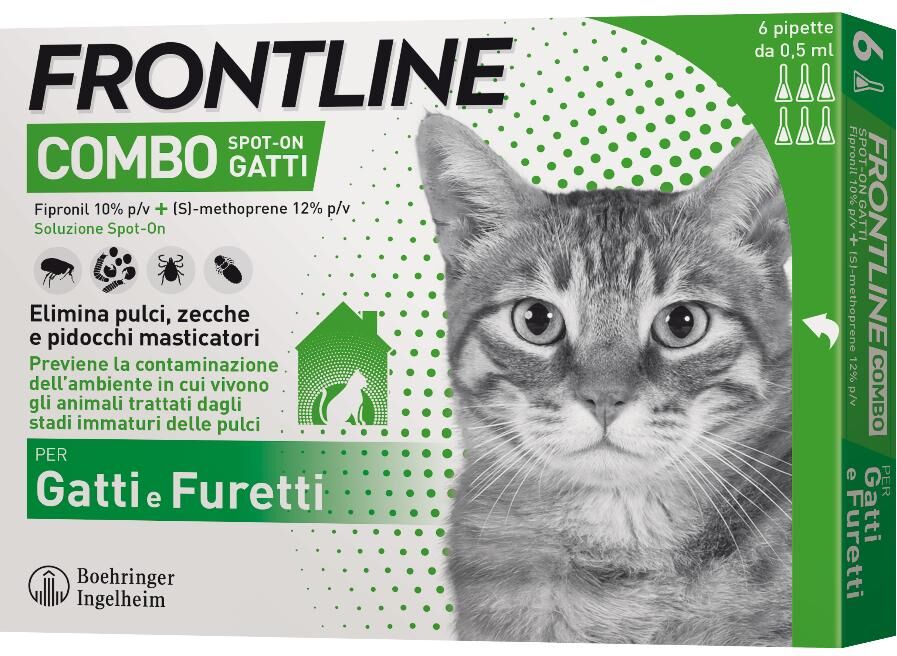 Boehringer Ing.Anim.H.It.Spa Frontline Combo Spot-On per Gatti e Furetti - 6 Pipette da 0,5ml, Protezione Duratura contro Zecche e Pulci