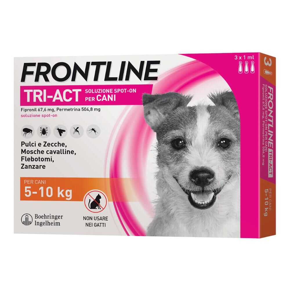 Boehringer Vet Frontline Frontline Tri-Act Antiparassitario per Cani - 3 Pipette da 1ml, 5-10Kg, Protezione Completa contro Zecche, Pulci e Zanzare