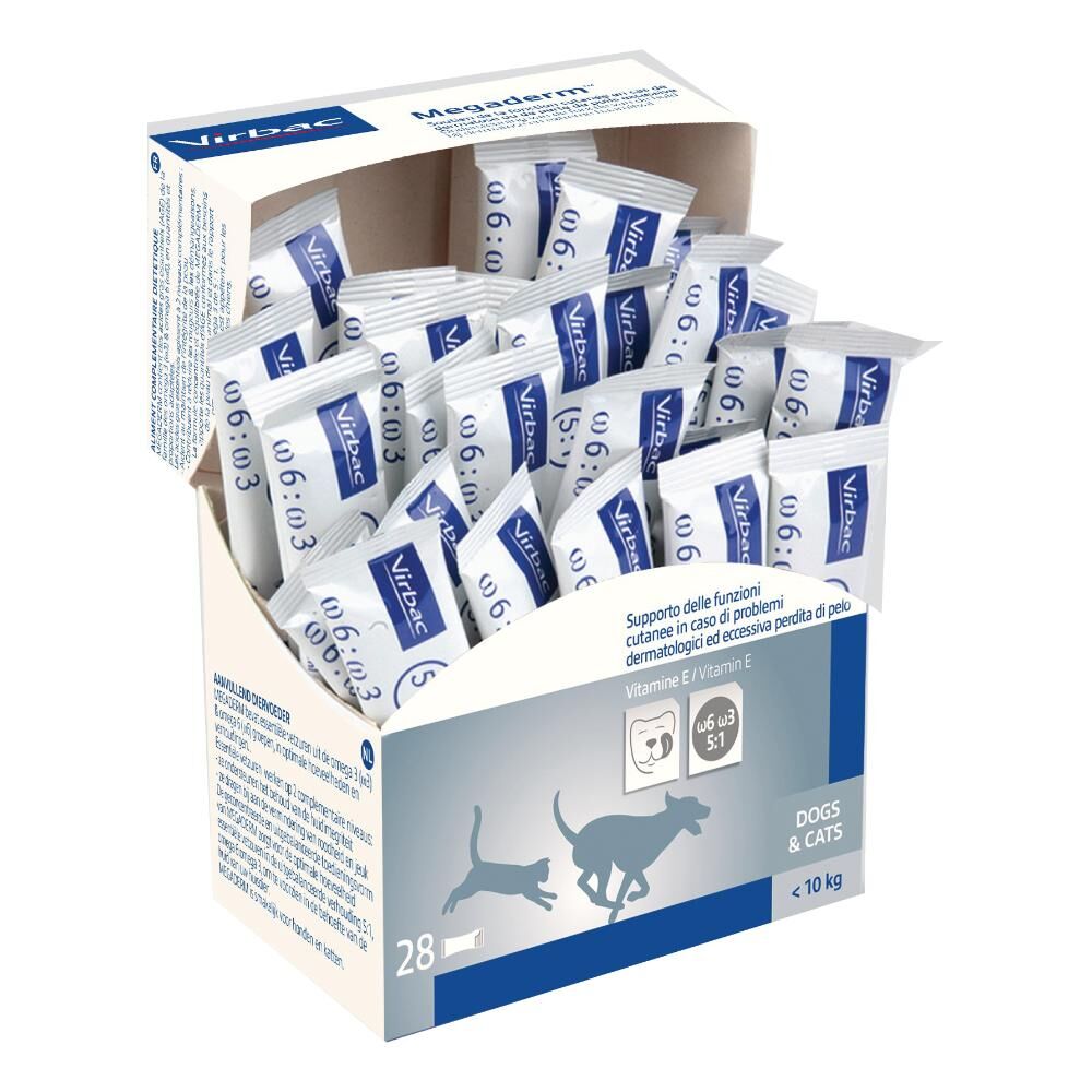 Virbac Srl Megaderm Supplemento Alimentare per Gatti e Cani Inferiori a 10Kg - 28 Sacchetti Monodose da 4ml per la Cura della Pelle e del Mantello