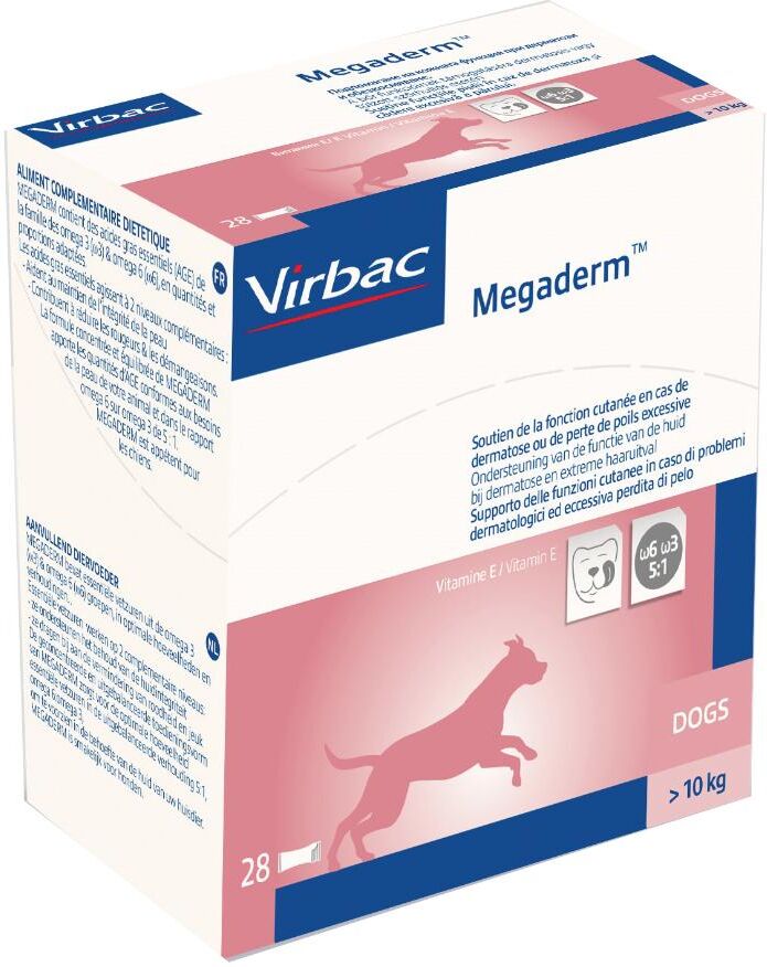 Virbac Megaderm Supplemento Alimentare per Gatti e Cani Superiori a 10Kg - 28 Sacchetti Monodose da 8ml per la Cura della Pelle e del Mantello