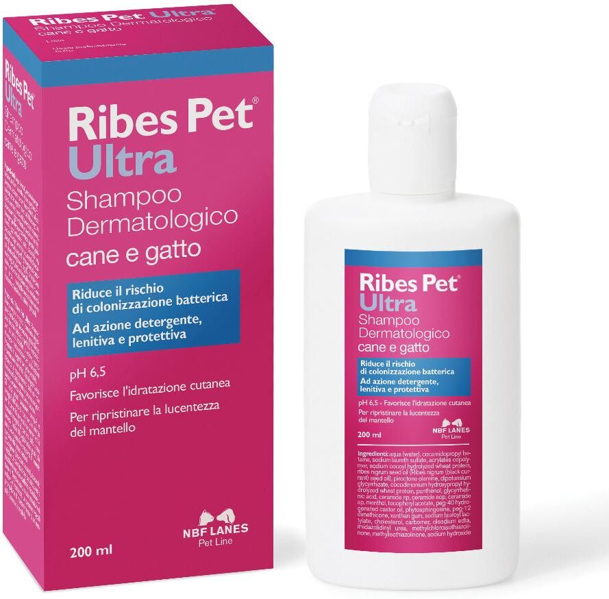 N.B.F. Lanes Srl Ribes Pet Ultra Shampoo Dermatologico per Cani e Gatti 200ml - Cura della Pelle e del Mantello per Animali Domestici