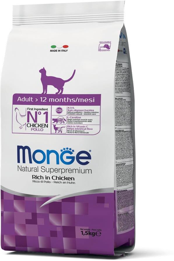 Monge & C. Spa Monge Ricco di Pollo Cibo Secco Gatti Adulti Sacco 1,5Kg - Nutrizione Equilibrata per il Tuo Gatto