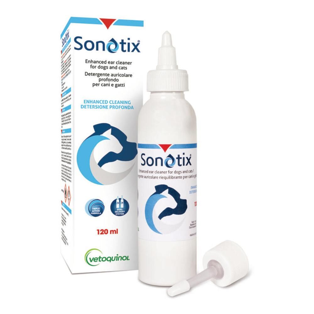 Vetoquinol Italia Srl Sonotix Detergente Auricolare Profondo - Cani e Gatti - 120ml - Cannula Corta Rigida + Cannula Lunga Flessibile