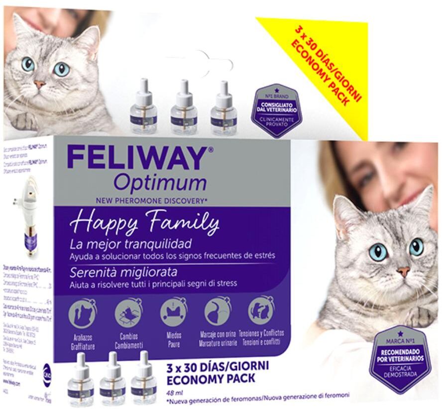 Ceva Salute Animale Spa Feliway Optimum Ricarica per Gatti 3 Pezzi da 48ml - Feromone per Benessere Felino